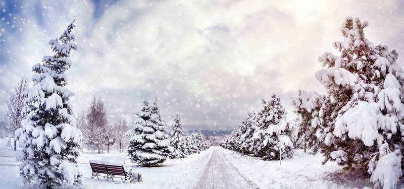 雪天马路雪花背景jpg设计背景_新图网 https://ixintu.com 长椅 雪地 雪松 雪花