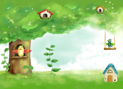 小鸟和树屋儿童画册封面卡通插画海报背景高清图片