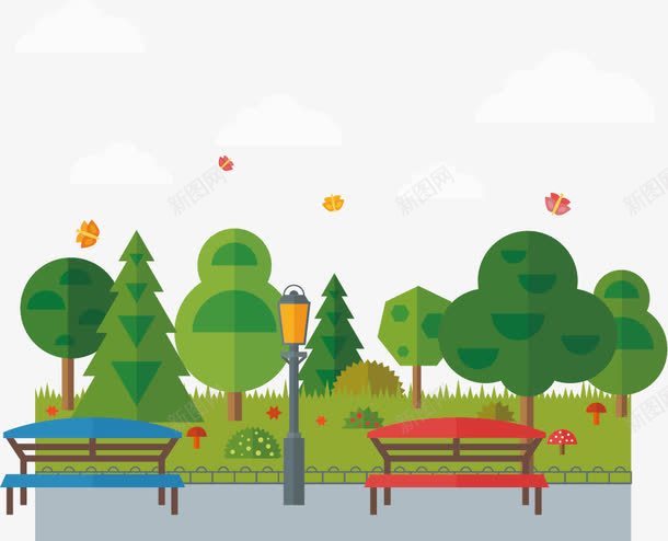 公园卡通插图png免抠素材_新图网 https://ixintu.com 公园 树木 椅子 环保