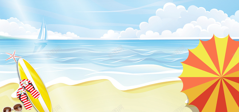 海边度假卡通童趣冲浪蓝色阳光背景背景