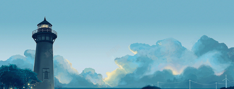水彩画质感大海塔台背景背景