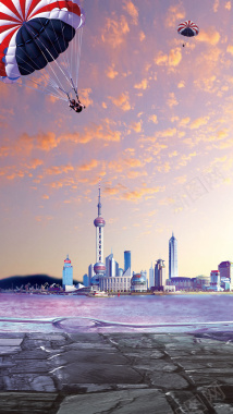 上海城市地标东方明珠热气球旅行风景背景