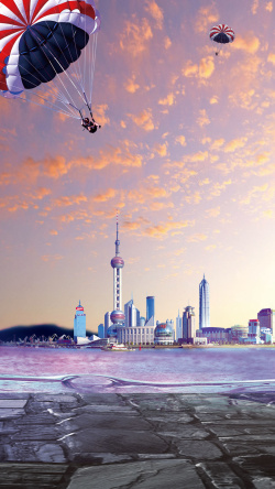 海滩城市上海城市地标东方明珠热气球旅行风景高清图片