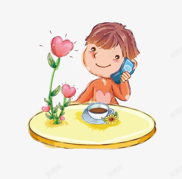 卡通小孩png免抠素材_新图网 https://ixintu.com 卡通 小孩矢量 接电话 桌子 花朵