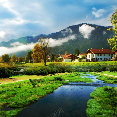 油画中的小乡村摄影图片