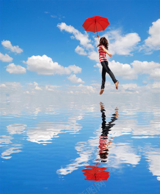 镜球跳跃拿伞美女与天空之镜摄影图片