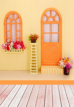 粉黄色温馨背景图片黄色小木屋影楼背景高清图片