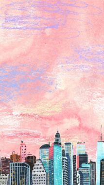 插画城市建筑背景粉笔质感粉色背景H5背景背景
