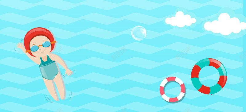 暑假游泳池游泳卡通手绘白云蓝色背景背景