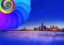 城市水平线螺旋花纹质感蓝色海报背景高清图片