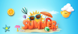 暑期大优惠天蓝色卡通3d立体夏天旅游海报背景高清图片