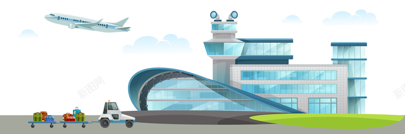 淘宝机场飞机推车建筑白云草地海报背景矢量图背景