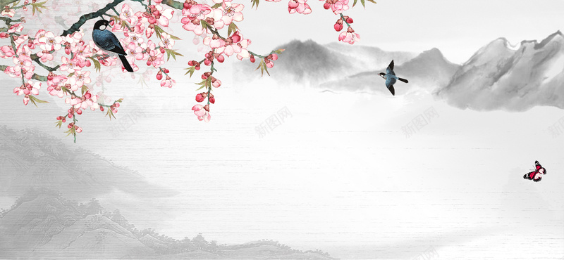 桃花节大山燕子中国风水墨灰色bannerjpg设计背景_新图网 https://ixintu.com 小清新 广告 文艺 春天 春季 桃花 桃花节 梦幻 水墨 浪漫 燕子 粉色 素材 背景 设计