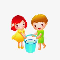 泼水桶一起提水桶的男孩女孩高清图片