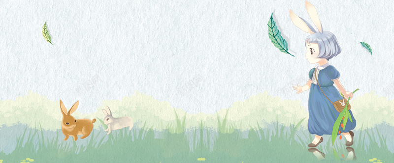 大暑卡通兔子草地童趣绿色背景背景