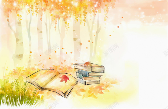 手绘树下的书本背景背景
