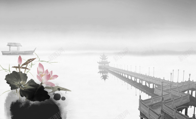 中国水墨江南小桥荷花西湖海报背景背景