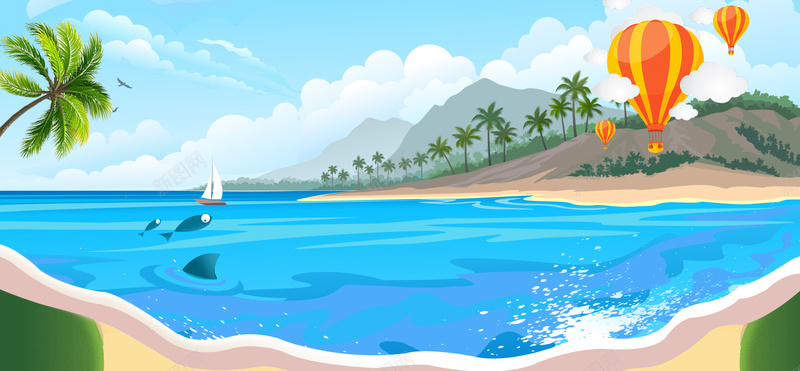 海边度假景色大气热气球卡通蓝色背景背景