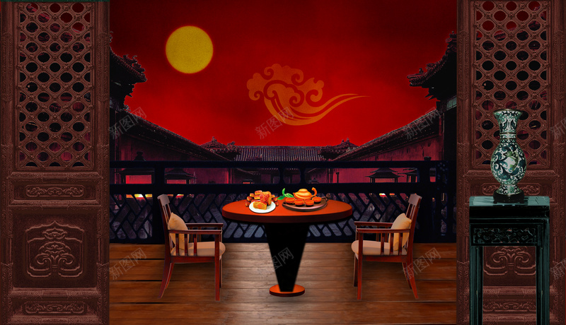中式家具背景psd设计背景_新图网 https://ixintu.com 中国风 复古 家居背景幸福 月亮 桌子 椅子 门板