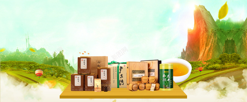 春茶节大气景色蓝天绿bannerpsd设计背景_新图网 https://ixintu.com 云层 小清新 广告 文艺 新茶上市 早茶 春天 春茶 春茶上市 木质 素材 绿芽 背景 茶叶 设计