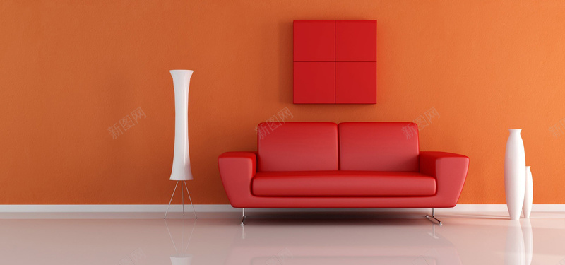 室内场景图jpg_新图网 https://ixintu.com 摄影 撞色 橙色 沙发 海报banner 红色 静物 风景