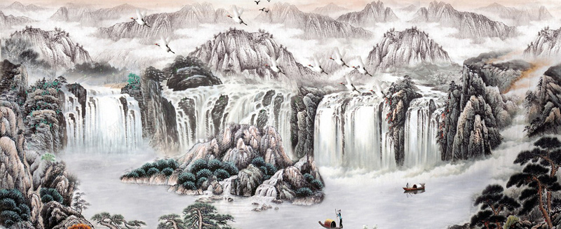 水墨山水画jpg设计背景_新图网 https://ixintu.com 中国风 仙鹤 古风船 国画 山水画 水墨 海报banner 渔人 瀑布 船 迷雾