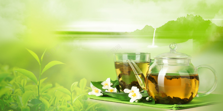 绿色清新远山茶叶花茶玻璃茶具海报背景背景