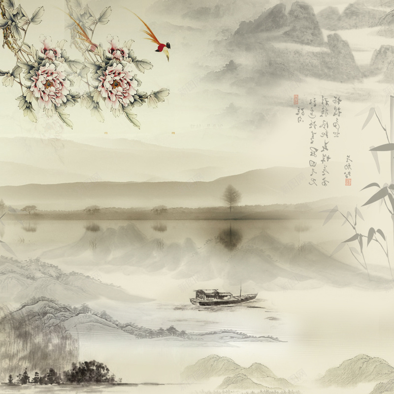 水墨画主图psd设计背景_新图网 https://ixintu.com 中国风 主图 山船 水墨 水墨画 竹子