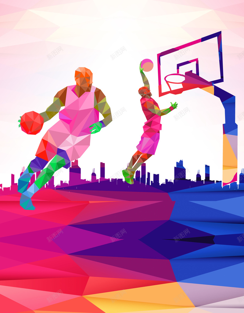 比赛活动海报psd设计背景_新图网 https://ixintu.com 3D几何 人物剪影 激情 炫彩背景 狂欢 立体背景 篮球运动