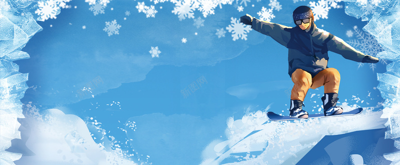 滑雪者卡通雪花蓝色banner背景
