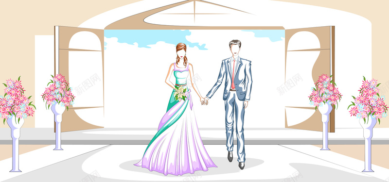 西式婚礼手绘景色彩色banner背景背景