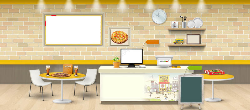 一家披萨餐厅背景图jpg设计背景_新图网 https://ixintu.com 卡通 墙面 手绘 披萨 收银台 桌子 海报banner 童趣 饮料