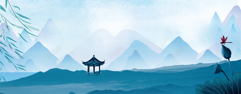 水墨中国风促销bannerpsd设计背景_新图网 https://ixintu.com 中国风 亭子 促销 山 新品 柳叶 水墨 箱包 荷叶 荷花 蓝色 远山 食品