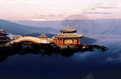 中国古桥大气中国风山水间的古亭房地产背景高清图片