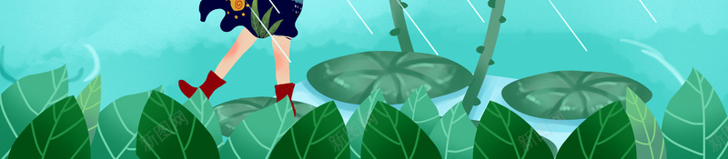 漫步雨间的小姑娘psd设计背景_新图网 https://ixintu.com 叶子 插画人物 红色叶子 荷叶荷花 雨丝 雨伞