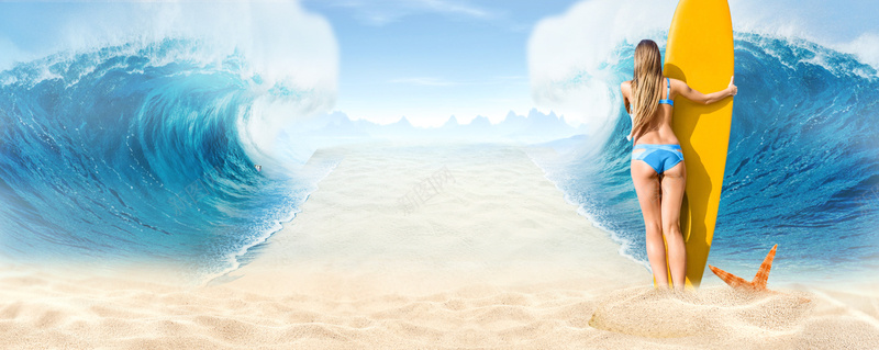 夏日海边冲浪海浪景色蓝色背景背景