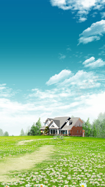 小房子小清新绿色田园风光PSD分层H5背景摄影图片
