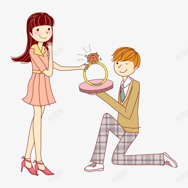 求婚png免抠素材_新图网 https://ixintu.com 人物 人物插画 卡通人物 女孩 情侣 戒指 插画 男孩