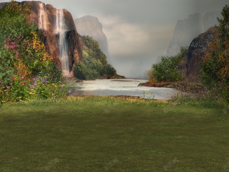 世外桃源般的青山绿水psd设计背景_新图网 https://ixintu.com 作曲 地 数字 景 水 瀑布 背 艺术 花 草 鲜