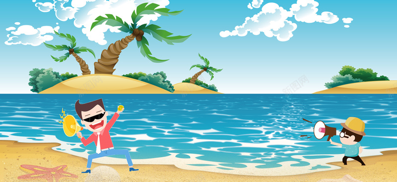 夏天海边度假旅游小清新卡通童趣蓝色背景背景
