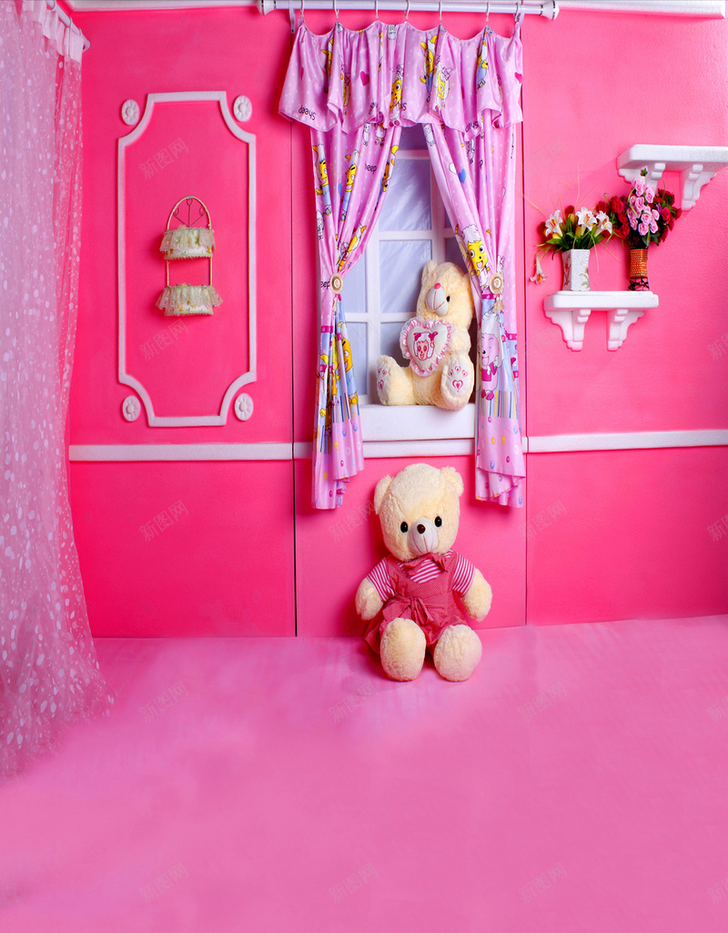 可爱卡通熊儿童摄影背景jpg_新图网 https://ixintu.com 公主 卡通 女孩的梦想小屋 娃娃开心 小熊 房间 摄影 粉色 风景