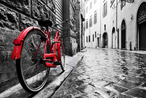 复古怀旧红色自行车街景背景摄影图片