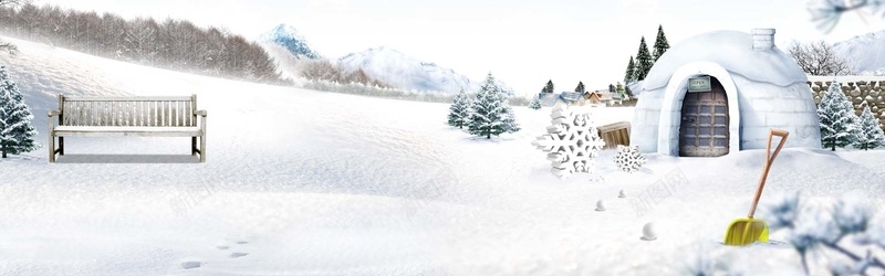 冬季雪景bannerpsd_新图网 https://ixintu.com 房屋 摄影 海报banner 漫天飞雪 铁锹 长凳 风景