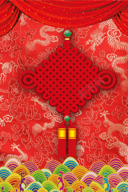 红色丝绸纹中国结海报背景模板背景