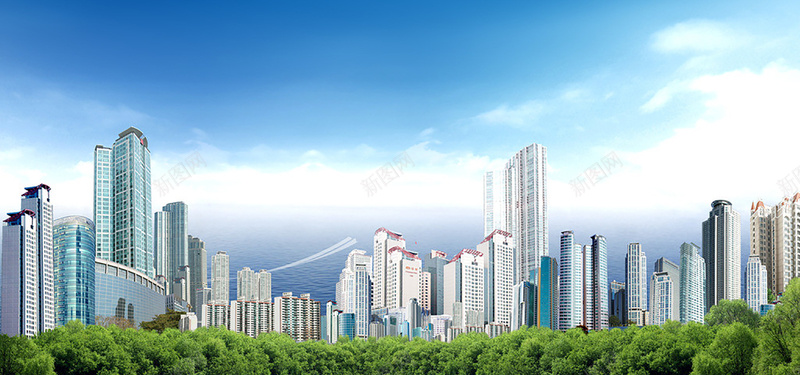 房地产banner背景海报图jpg设计背景_新图网 https://ixintu.com banner背景 云朵 天空 建筑 房地产 楼房 海报 绿化 背景 蓝色 金融