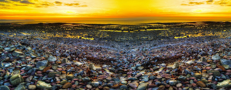 夕阳沙滩石头摄影海报背景