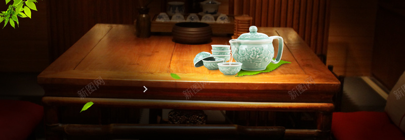 茶具背景psd设计背景_新图网 https://ixintu.com 文化 树叶 桌子 海报banner 茶 茶具 茶壶 茶文化 茶杯 落叶