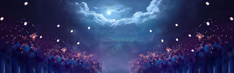 花园psd设计背景_新图网 https://ixintu.com 云层 云朵 卡通 天空 手绘 月亮 海报banner 童趣 花园