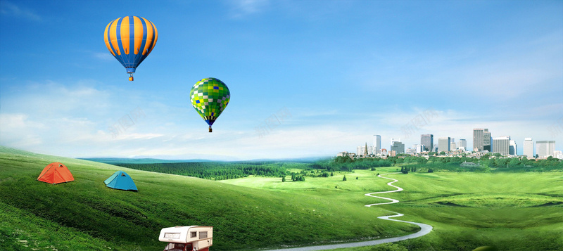 绿色生态文明城市背景psd_新图网 https://ixintu.com 城市背景 帐篷 摄影 气球 海报banner 绿地 蓝天 风景