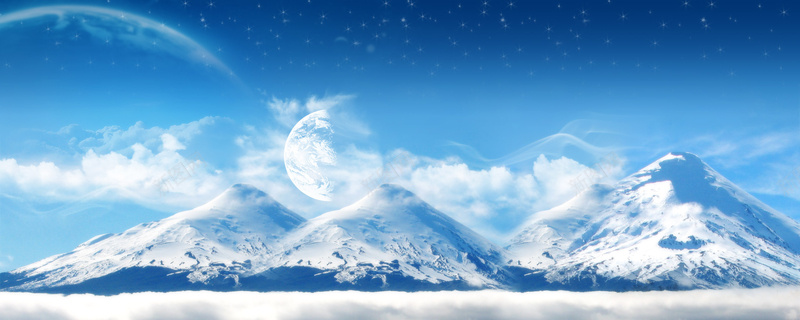 蓝天白云和雪山的自然风景背景